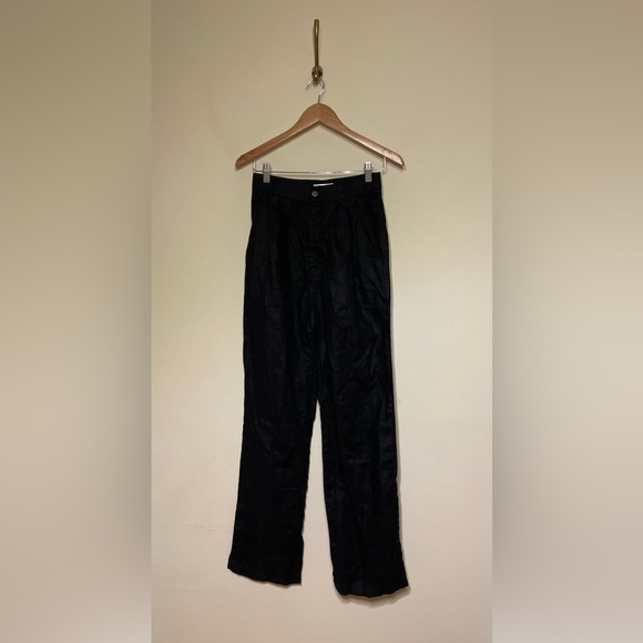 Reformation Mason Linen Pleated High Waist Wide Leg Trouser Pants in Black - Picture 3 of 6